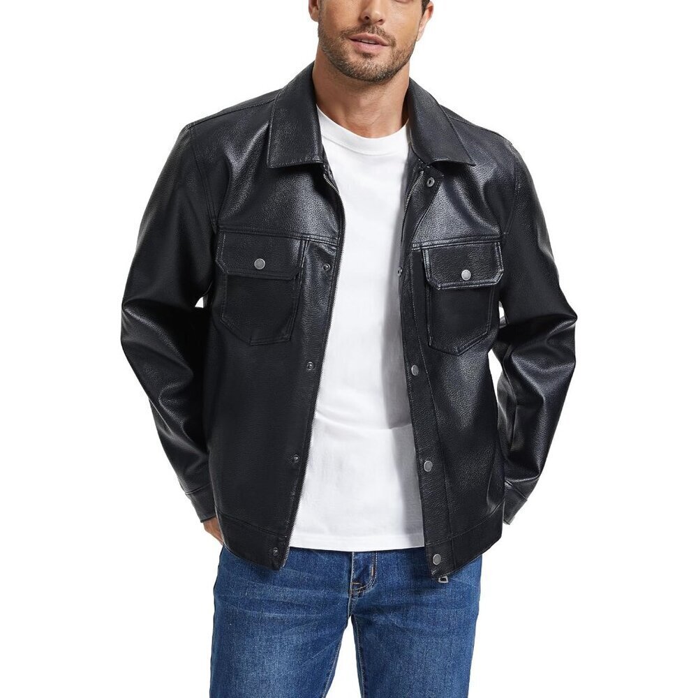 🆕Men Black Faux Leather Biker Jacket Lightweight Vintage Bomber Zip Up Coat